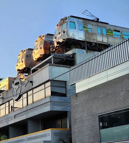 Train carriages on the rooftop of Easey’s in Collingwood